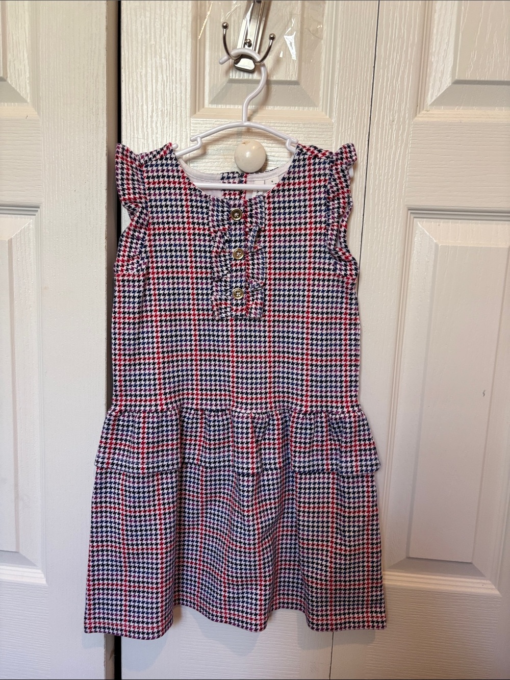 Janie and Jack Navy, White & Red Houndstooth Ruffle Sleeve Dress
